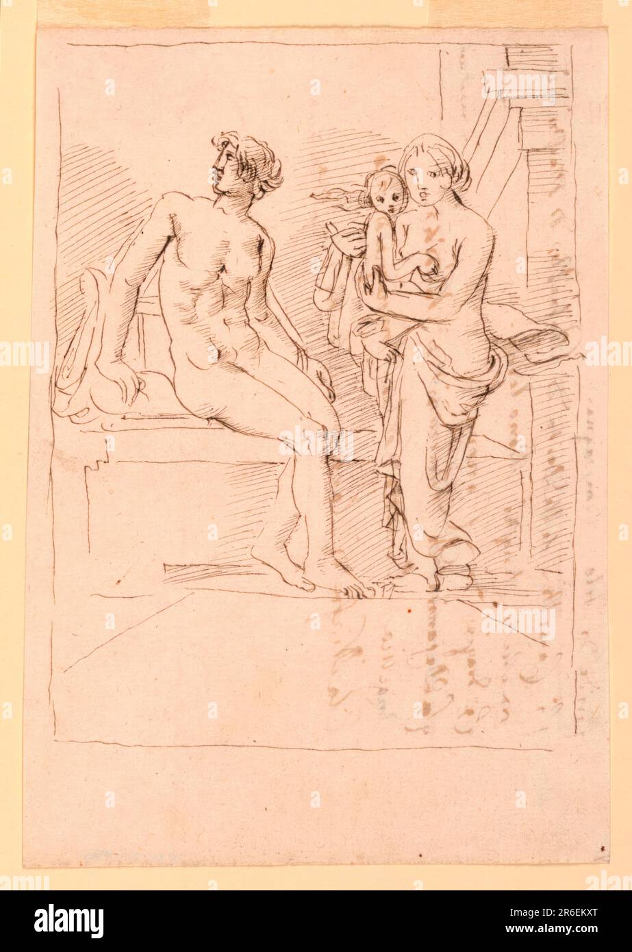 Sketch, Classical Man, Woman, and Child. pen and ink on paper. Date: 1820-1850. Museum: Cooper Hewitt, Smithsonian Design Museum. Stock Photo