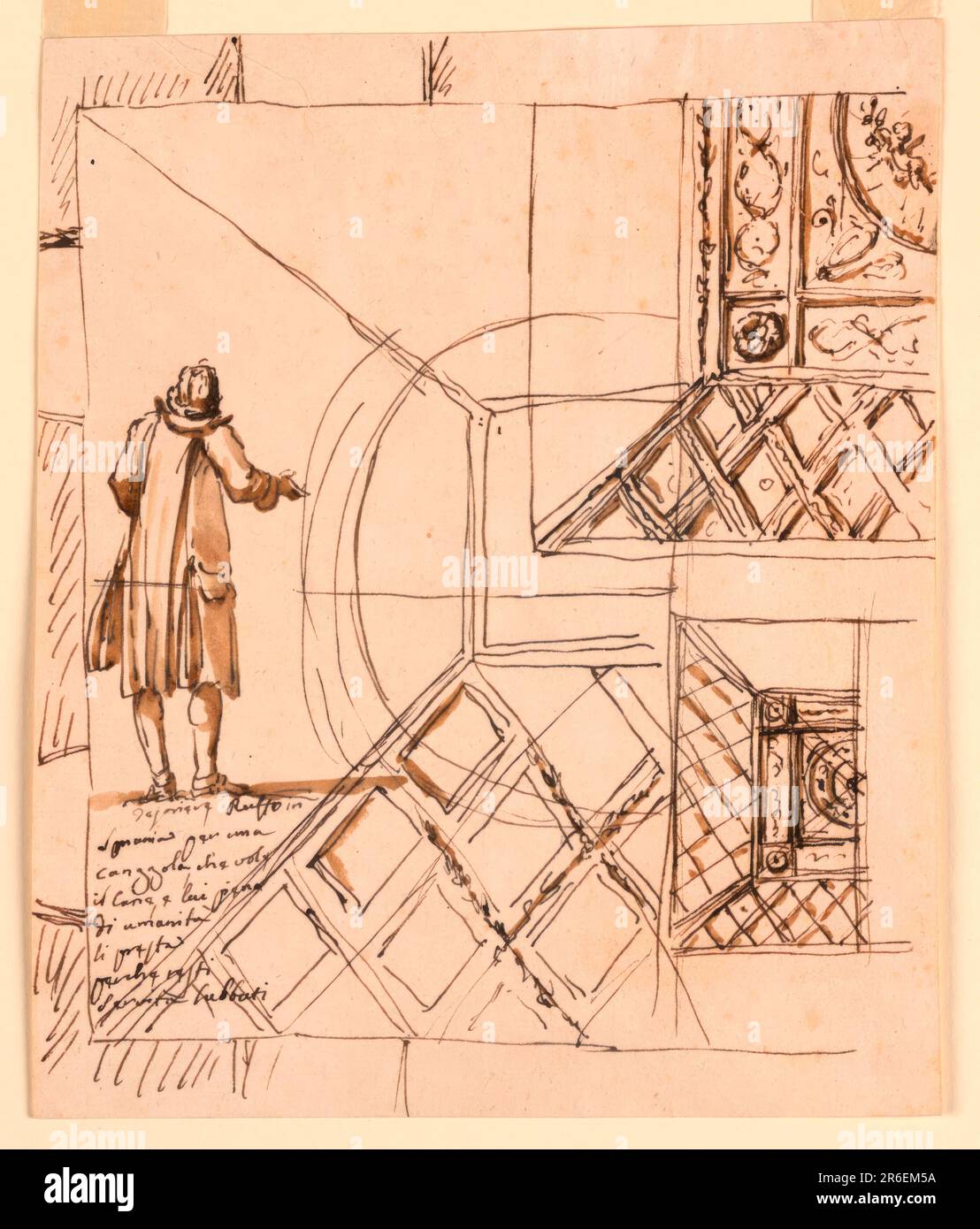 Various rough designs for ceiling decoration, including lattice, vegetal, and rosette motifs. At left, a figural sketch with inscription below. Pen and brown ink, brush and brown wash on off-white laid paper. Date: 1746-1809. Museum: Cooper Hewitt, Smithsonian Design Museum. Stock Photo