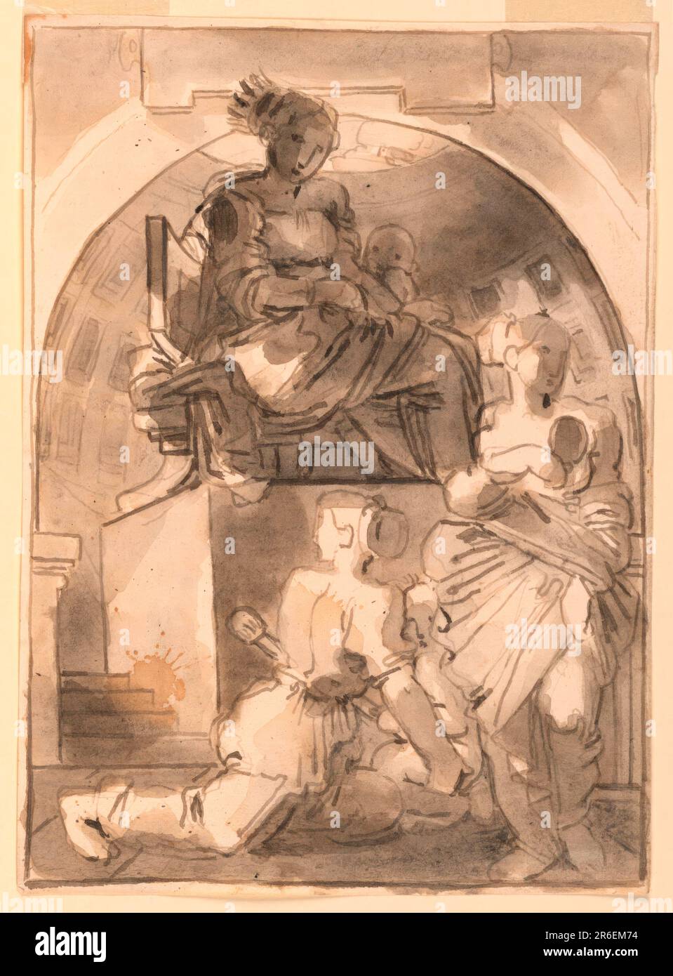 The Virgin and Child enthroned with Worshippers in Classical Interior. Pen and ink, brush and wash on paper. Date: 1820-1850. Museum: Cooper Hewitt, Smithsonian Design Museum. Stock Photo