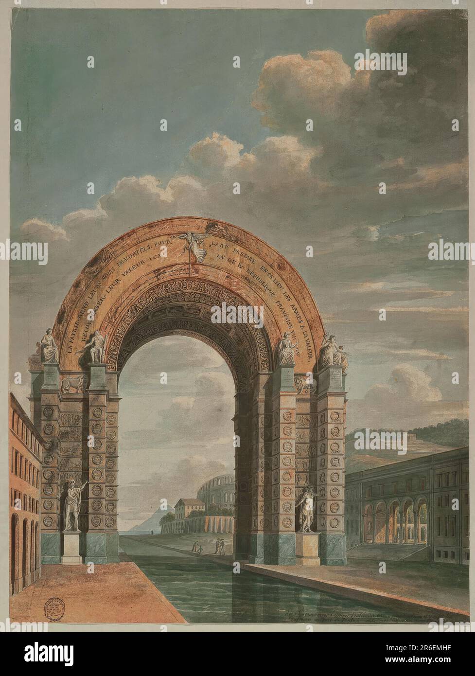 View of an arch spanning a canal. The facade of a house is shown in the ...