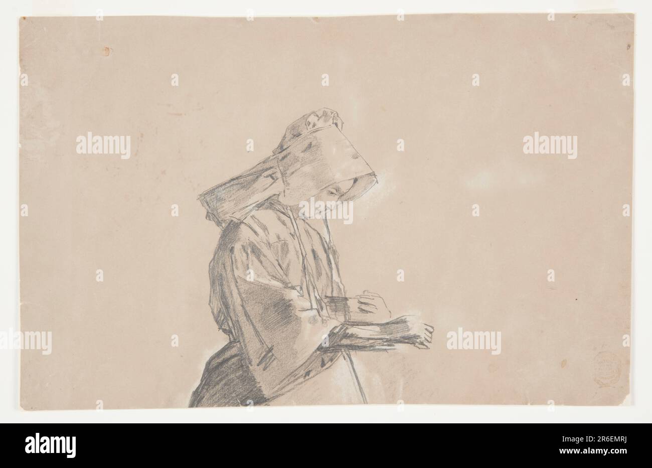 Horizontal view of the upper portion of a woman wearing in a sunbonnet, facing right, and holding a bowl against her body in her left hand as her right hand extends as though dropping feed for chickens. Date: 1874. Graphite and white crayon on light-brown wove paper. Museum: Cooper Hewitt, Smithsonian Design Museum. Stock Photo