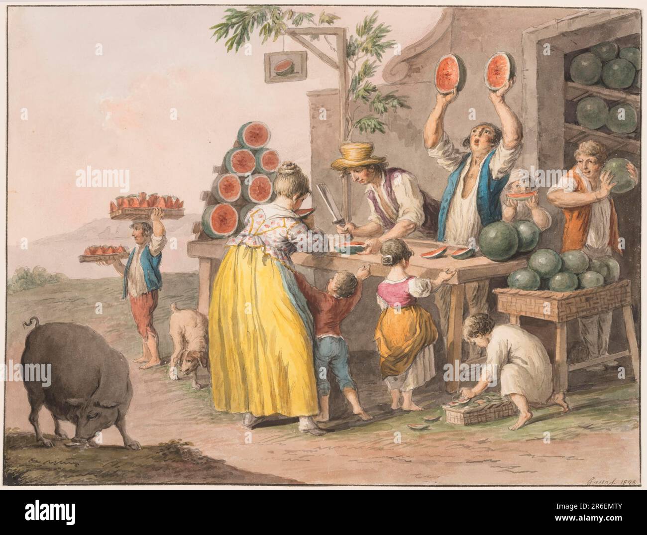 Horizontal rectangle. The business goes on in front of the storeroom, which is in the basement at the corner of a house. A man is busy cutting a melon, another raises two halves and shouts. A boy carries two trays with pieces of melons. Children eat or await their shares. A boy tries the ripeness of a melon, a child searches among the peels. A boy is shown eating in the left corner. Framing line. The signature is in the lower right corner: 'Gatta f. 1828.'. Date: 1828. Pen and black ink and yellow, red, blue, green, brown, gray water colors on wove paper. Museum: Cooper Hewitt, Smithsonian Des Stock Photo