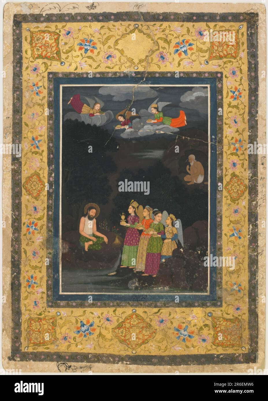 Ibrahim Ibn Adham fed by angels in the wilderness. Damaged. Color and gold. Gold mount with floral arabesques; floral designs on reverse, and writing. Date: early 18th century. Origin: India. Period: Mughal dynasty. Opaque watercolor and gold on paper. Museum: Freer Gallery of Art and Arthur M. Sackler Gallery. Stock Photo