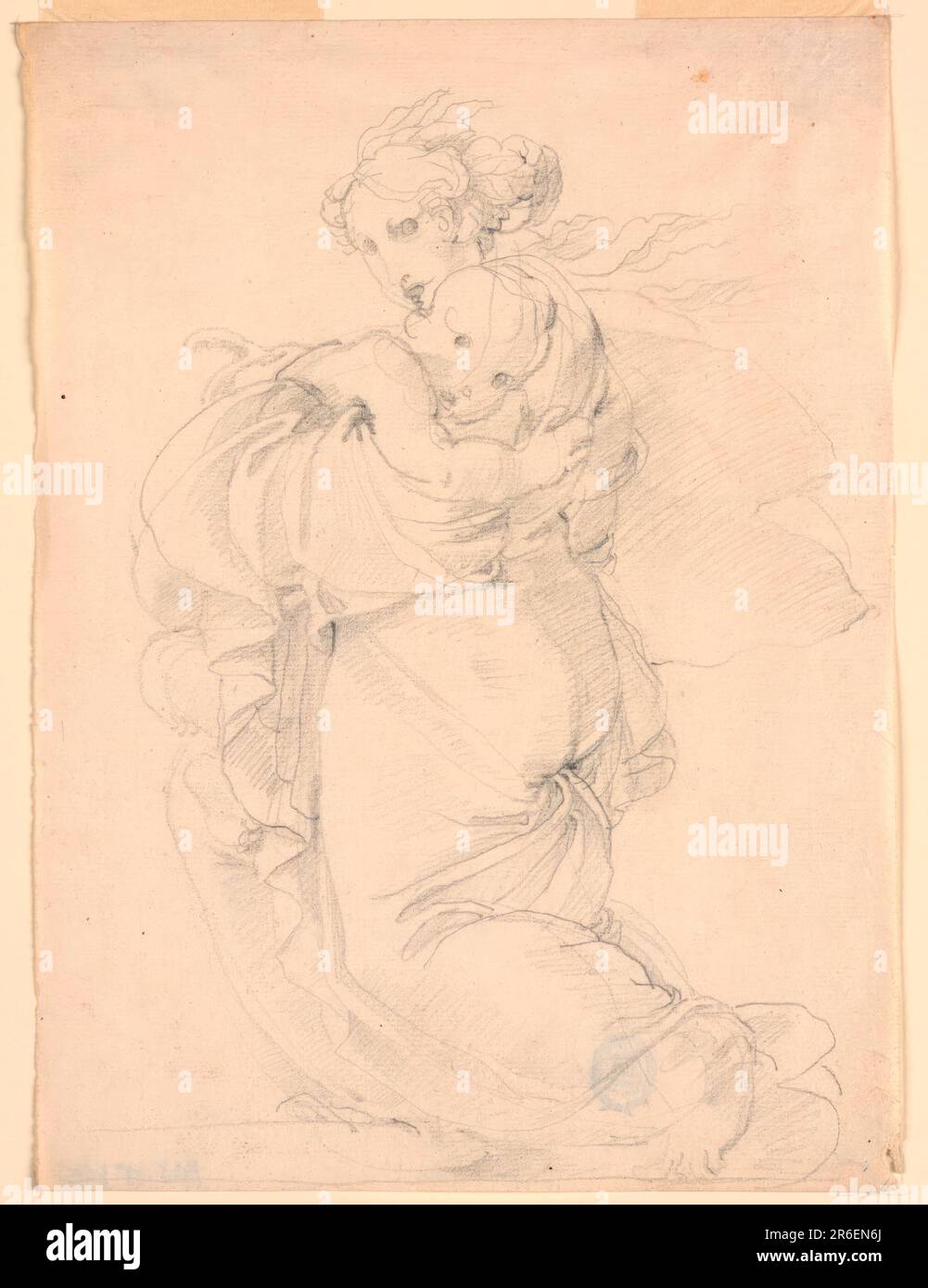 The Virgin walks toward the left, carrying the Child in her left arm. Date: 1820-1850. Graphite, impressed lines on paper. Museum: Cooper Hewitt, Smithsonian Design Museum. Stock Photo