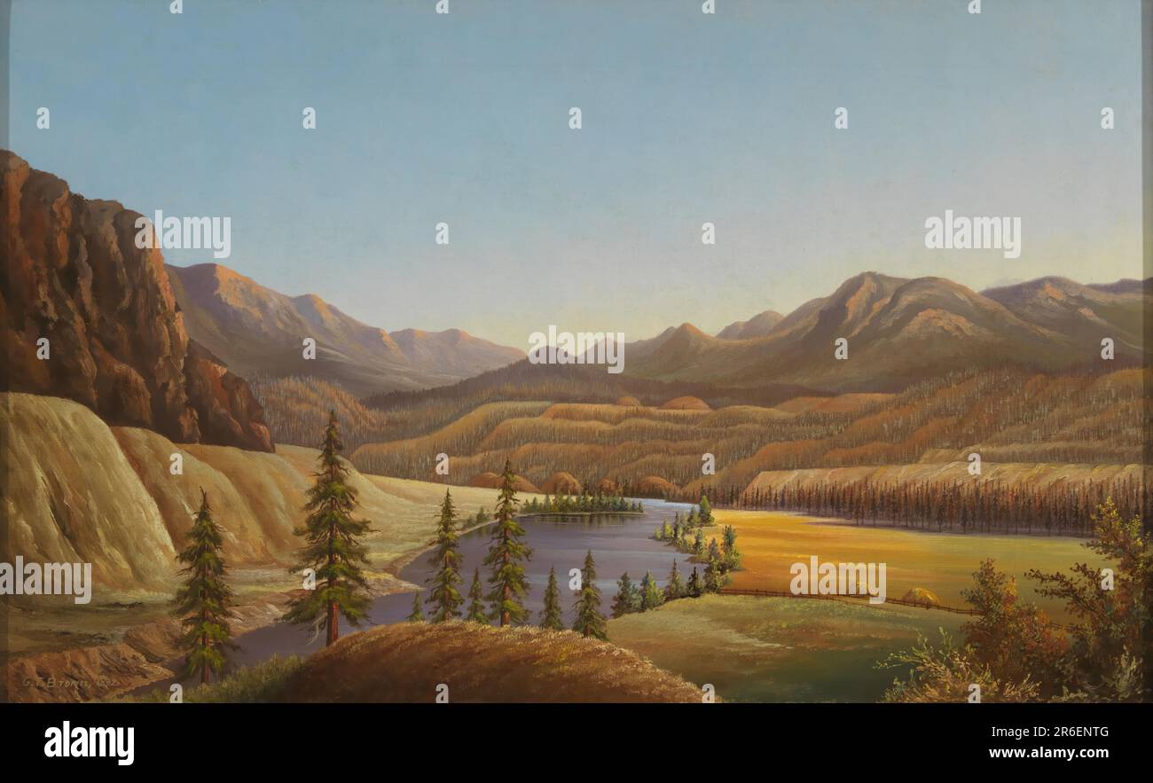 This is an oil painting of a landscape showing a lake in a valley. Surrounded by pine trees, rolling hills, and mountains, the lake stretches from the lower left corner of the scene to its disappearing point slightly right of the center scene. To the right of the lake shore are fields, crossed by a wooden fence, along which are two haystacks. There are clusters of pine trees in the foreground and at intervals along the lake shore. More trees and wooded hills are visible in the distance. The painting is signed by the artist in the lower left corner 'G.T. Brown.'. Date: 1882. oil on canvas. Muse Stock Photo