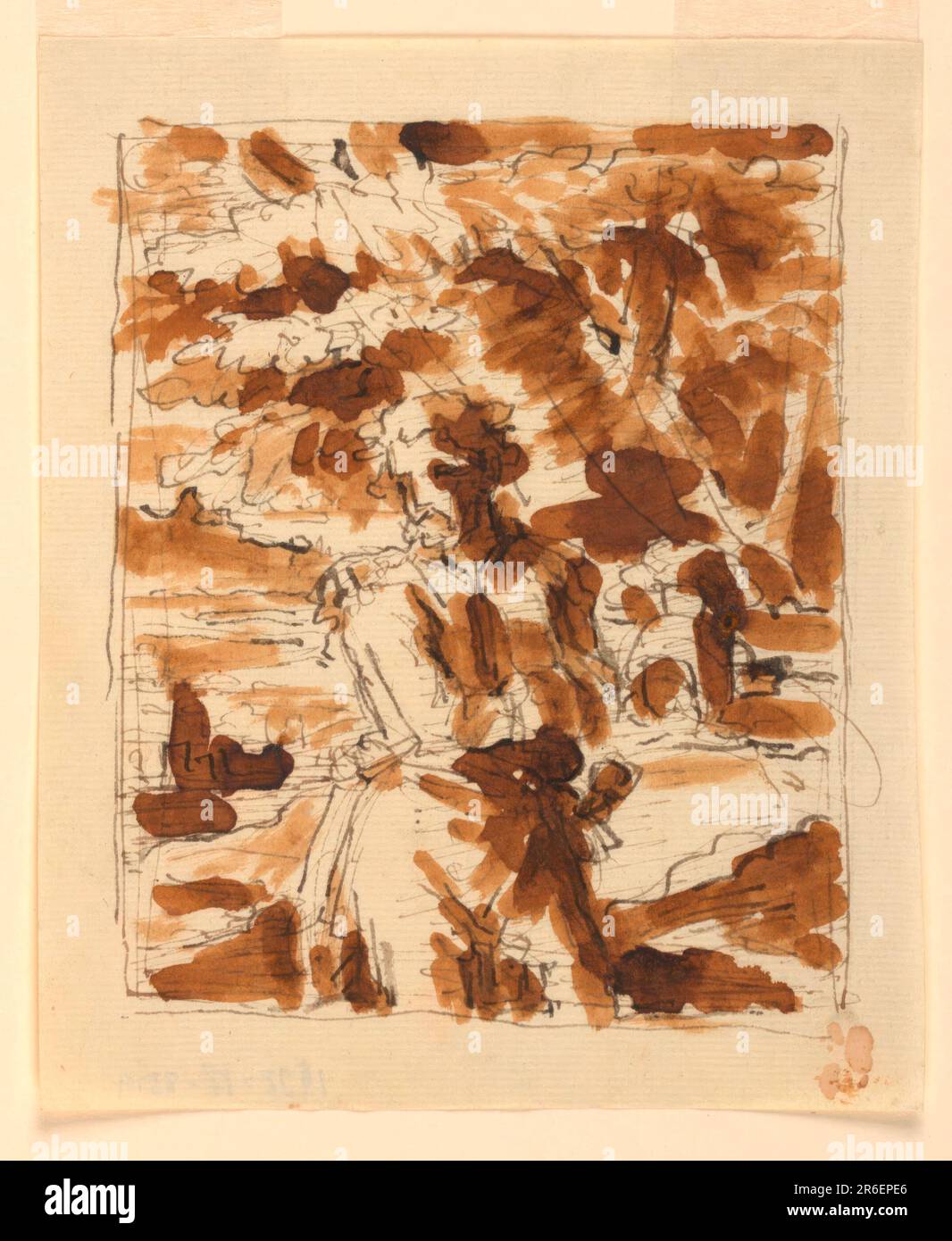 Sketch, Classical Male Figure in Landscape. Pen and ink, brush and sepia wash on paper. Date: 1820-1850. Museum: Cooper Hewitt, Smithsonian Design Museum. Stock Photo