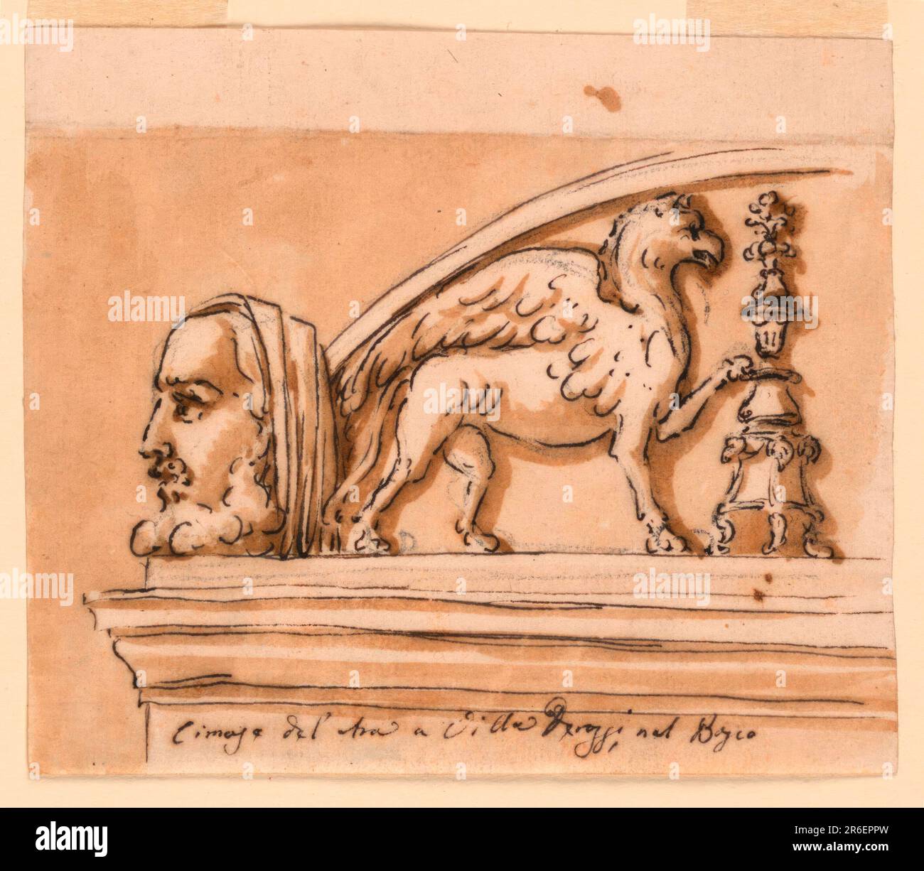 The left side: above an entablature rises a panel framed by a segment. In it, beside a candelabrum, stands a griffin. In front of its left lower corner stands a bearded head as an acroterium. Caption below: 'Cimaze del'Ara a Villa Derossi nel Bosco'. At left, the background is colored. Date: 1780-1790. Pen and brown ink, brush and brown wash, graphite on off-white laid paper, lined. Museum: Cooper Hewitt, Smithsonian Design Museum. Stock Photo