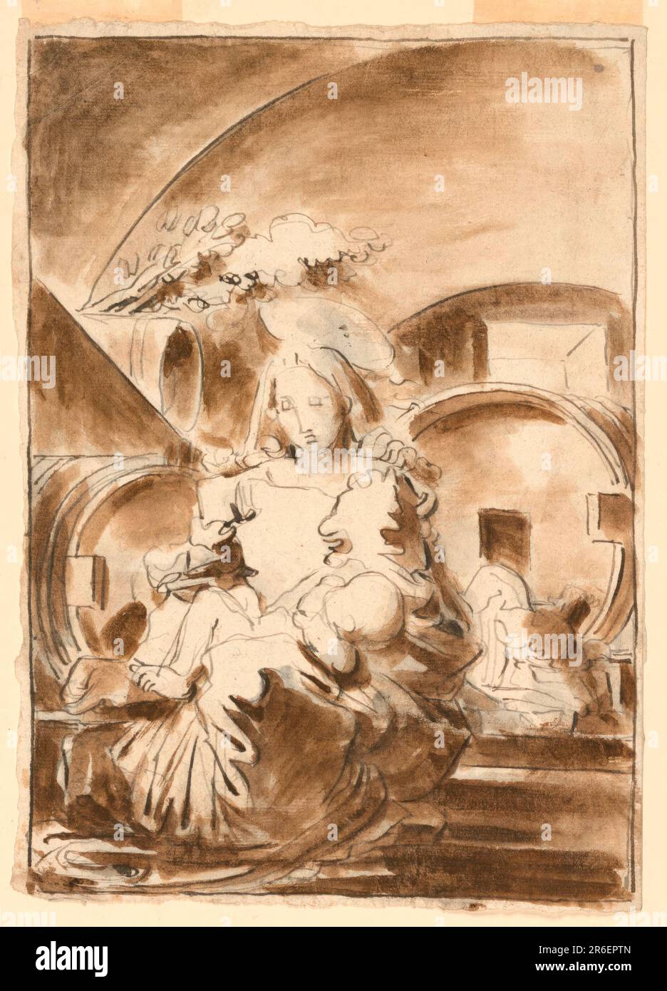 The Virgin sits at left, seen from the front, holding the Child in her lap. The scenery is a vaulted room. Joseph near two large logs. At left is apparently a smaller one and the branch of a tree. Framing line. Date: 1820-1850. Brush and dark brown watercolor on paper. Museum: Cooper Hewitt, Smithsonian Design Museum. Stock Photo