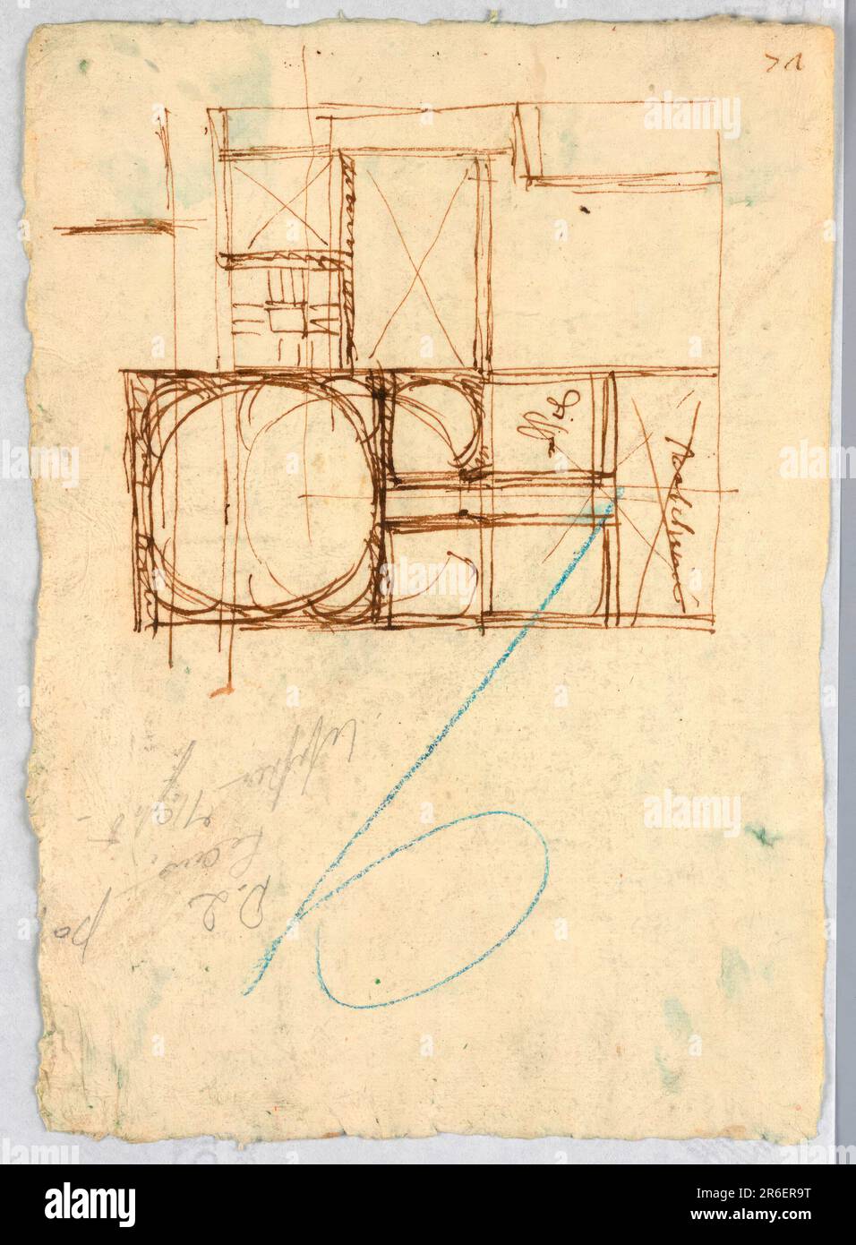 Part of a plan, probably connected with the hospital of Trinita de Pellegini in Rome. Date: 1800-1830. Pen and brown ink, blue pencil on blue-white paper. Museum: Cooper Hewitt, Smithsonian Design Museum. Stock Photo