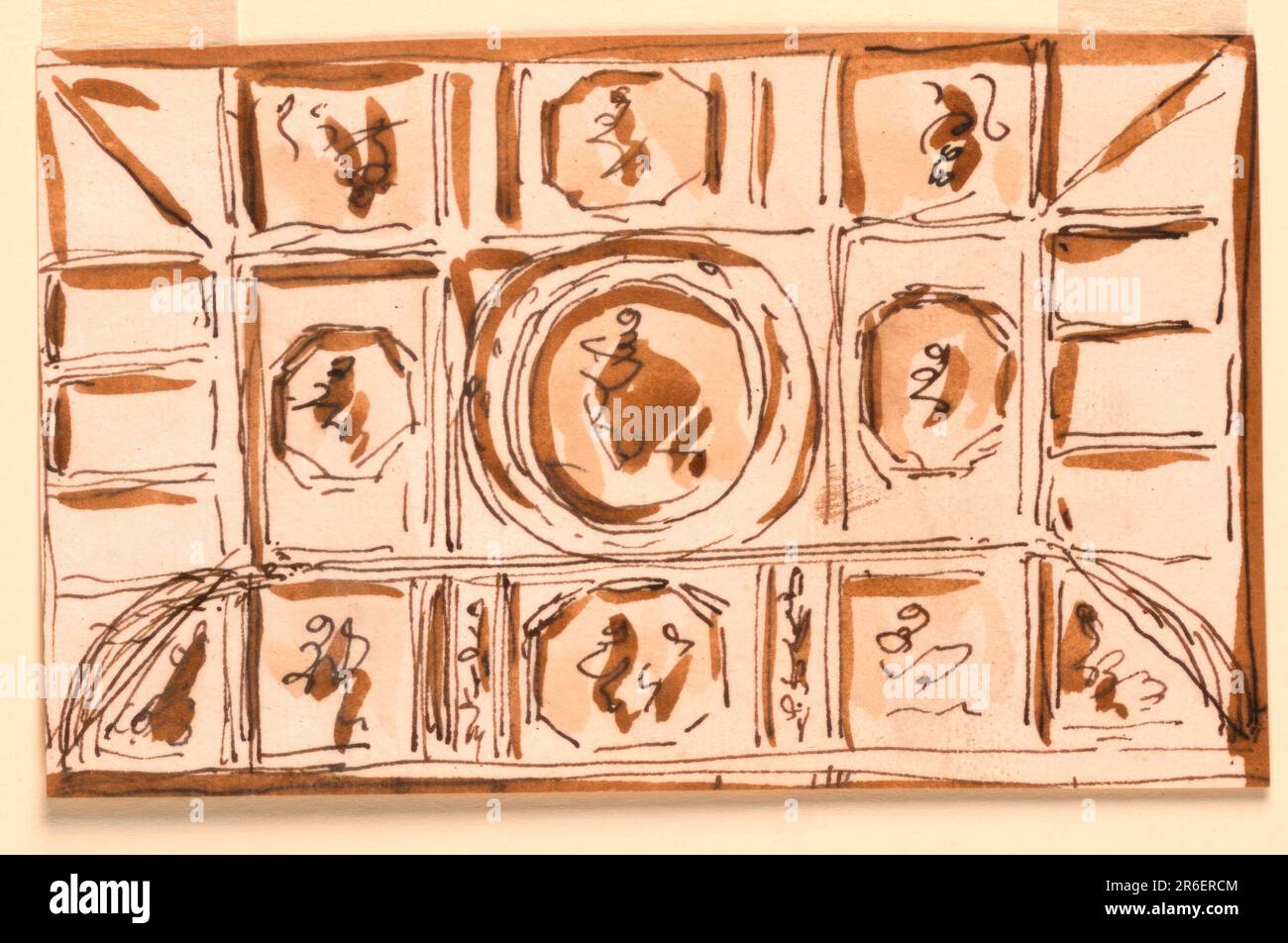 Symmetrical, rectangular design features figural panels with round central panel. Pen and brown ink, brush and brown wash on off-white laid paper. Date: 1746-1809. Museum: Cooper Hewitt, Smithsonian Design Museum. Stock Photo