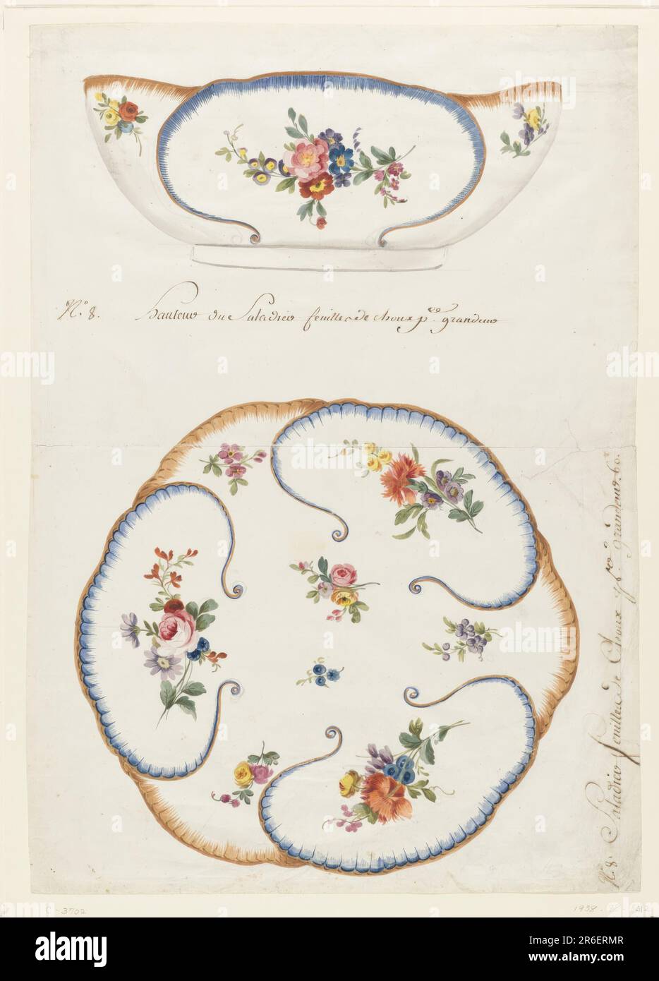 View of salad bowl in elevation (above) and plan (below), painted on exterior and interior in form of large cabbage-like leaves, each leaf bordered alternatively in blue and yellow/brown painted scallops. The reserves are painted with sprays of roses, tulips, and colored daisies. Brush and watercolor, black chalk on cream laid paper. Date: 1760-75. Museum: Cooper Hewitt, Smithsonian Design Museum. Stock Photo