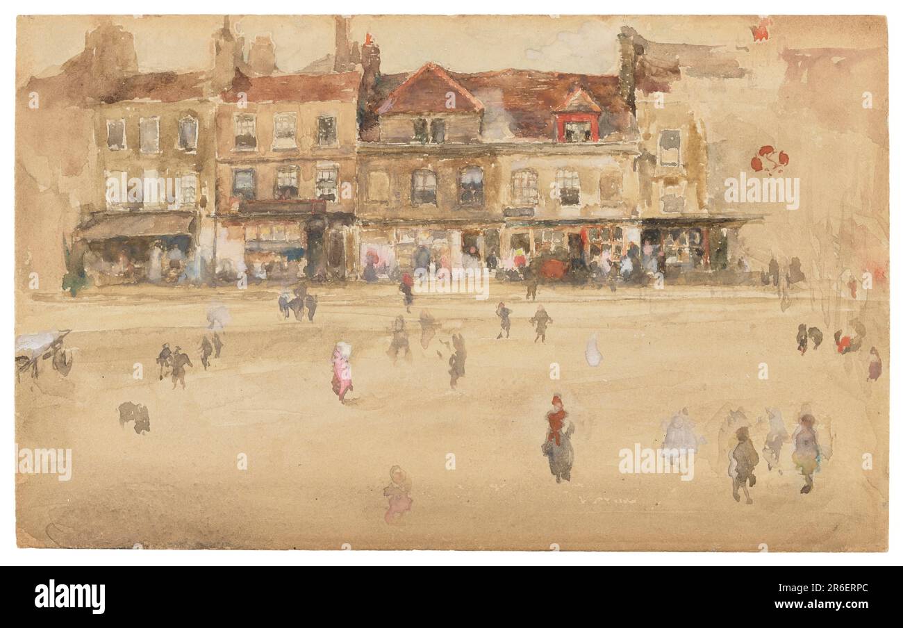 Facade of a row of three-storied houses and shop fronts; many small figures in the foreground; signed with the butterfly at upper right. Watercolor on paper. Origin: United States. Date: 1885-1886. Museum: Freer Gallery of Art and Arthur M. Sackler Gallery. Stock Photo