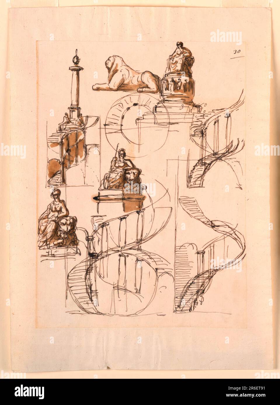 A similar elevation as in -1277 in shown at the top. The left forearm of the woman leans upon the head of the lion. Two similar groups are shown in the left centerl one of the women holds a lance. A crouching lion is shown in profile, turned toward left, in the top center. Top center: the elevation of a monumental column, below it is a section of a spiral staircase, beside, at right, its plan. Two sketches deal with the order of two spiral flights of stairs. One sketch unites the spiral with a straight flight of stairs. Pen and brown ink, brush and brown wash on lined off-white laid paper. Dat Stock Photo