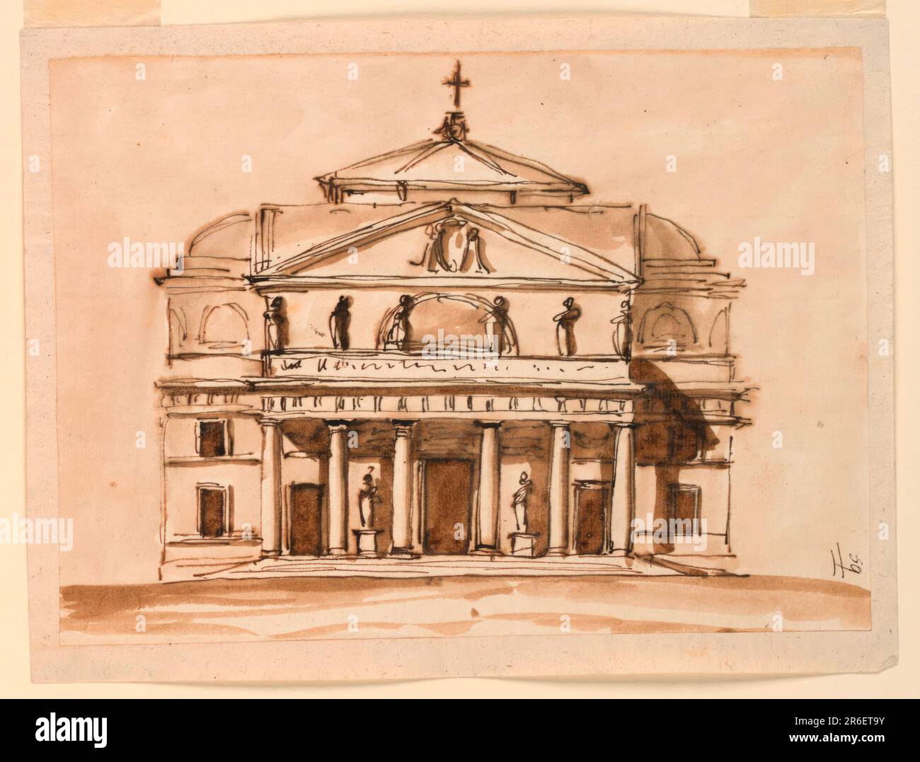 A variation of 1938-88-1235. The main differences are: the columns form a projecting colonnade. Above its entablature is a dado upon which six statues stand in front of an attic with a semicircular window. Above it is a triangular pediment, behind which a vaulted roof is shown. Walls and roofs of two apses are shown above the lateral sections. A low octogonal dome rises in the center. Date: 1796. Pen and brown ink, brush and brown wash (bistre) on lined off-white laid paper. Museum: Cooper Hewitt, Smithsonian Design Museum. Stock Photo