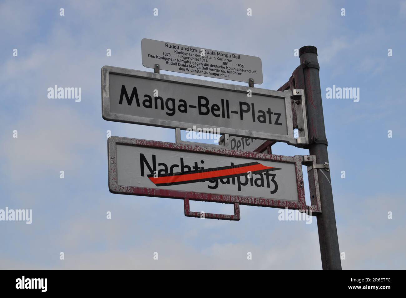 The new name of the Berlin square, which is no longer named after the traveler Gustav Nachtigal (Nachtigalplatz), but after the fighters against German colonialism, Rudolf and Emily Manga Bell (Manga-Bell-Platz), pictured on June 2, 2023, in Berlin, Germany. The Germany revises disputed names with historical burden. (CTK Photo/Ales Zapotocky) Stock Photo