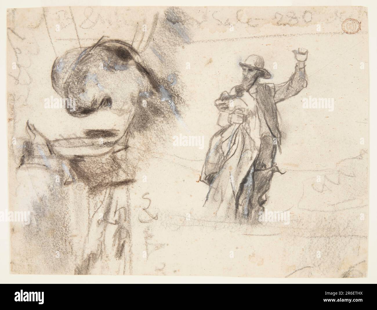 Sketch of the head and shoulders of sailor, wearing a wide-brimmed hat and holding a coat (a sou'wester), at right. Another sailor, nearly full-length, with left arm raised, is shown wearing rain hat and yelling. A sketch of clouds and sea appears at left. Various notations at the margins. Date: 1895-96. Charcoal, black chalk, white chalk on heavy cream wove paper. Museum: Cooper Hewitt, Smithsonian Design Museum. Stock Photo