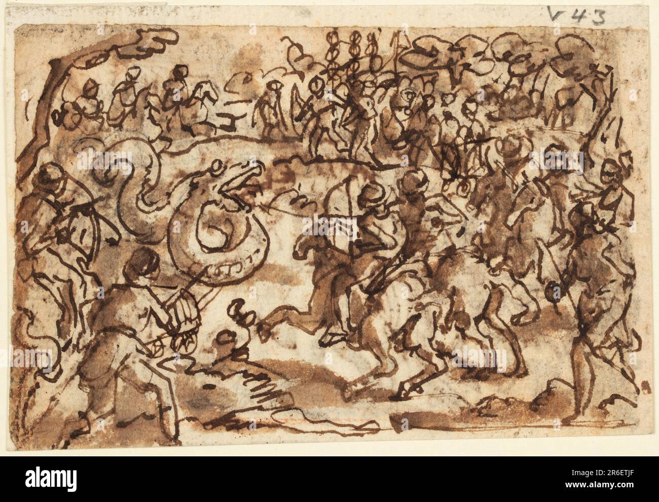 Recto: Warriors on horseback and on foot attack a serpent with bows and arrows, and other machines of war. Verso: at right, a serpent has been trapped in a cave, the entrance covered by a net. a large number of soldiers, on horseback and on foot, surround it, blowing trumpets, beating drums, and readying their weapons for action. Observe: 'a serpent 120 feet in length was taken by the Roman army near Regulus, being beseiged, like a fortress, by means of balistae and other engines of war.' (Plinius, Nat. History, Book VIII, Ch. 14). Verso: story of Ptolemy and the Serpent, illustration to Diodo Stock Photo