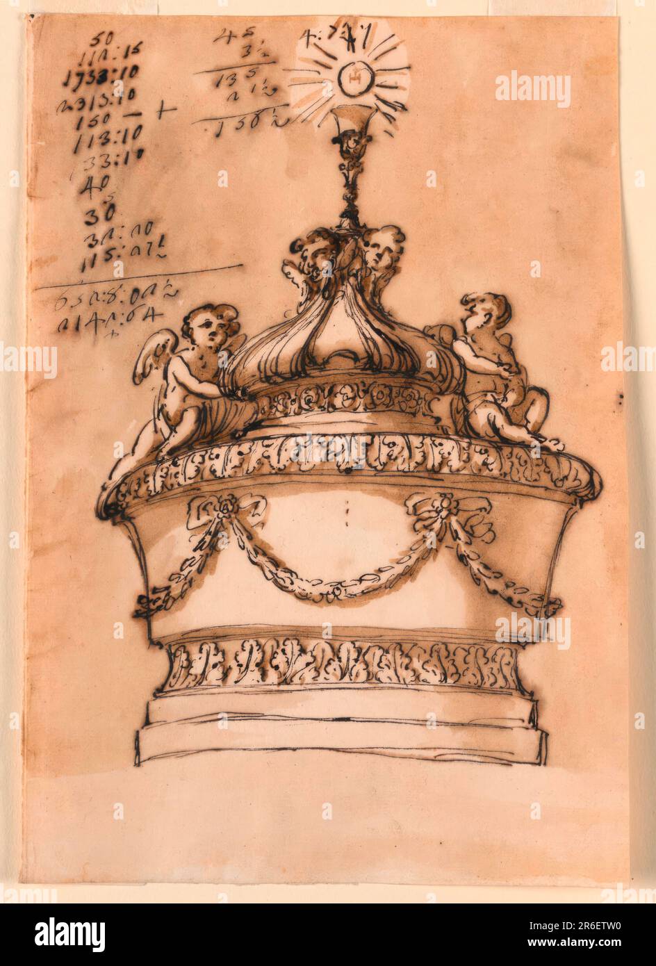 Below are two plinths and a moulding with leaves. The circular bowl is decorated with festoons, supported by bowknots, and the rim with leaves. The rim has the shape of a short onion cupola, with, above visible, two cherubim supporting a chalice with a host hovering above it. Two angels sit beside the cupola. Usual background. Date: ca. 1775. Pen and brown ink, brush and brown wash on lined off-white laid paper. Museum: Cooper Hewitt, Smithsonian Design Museum. Stock Photo