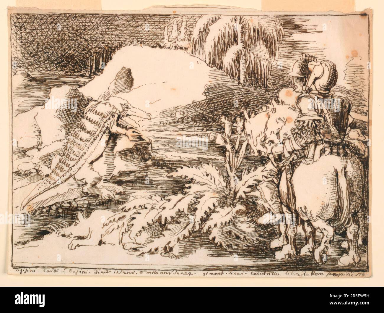 Two knights in armor riding horses in right foreground confront a beast standing in left middle ground. Beast resembles crocodile. Background in a landscape with a hill in middle dominated by a tree. Ink border. Date: 1820-1850. Pen and brown ink on white paper. Museum: Cooper Hewitt, Smithsonian Design Museum. Stock Photo
