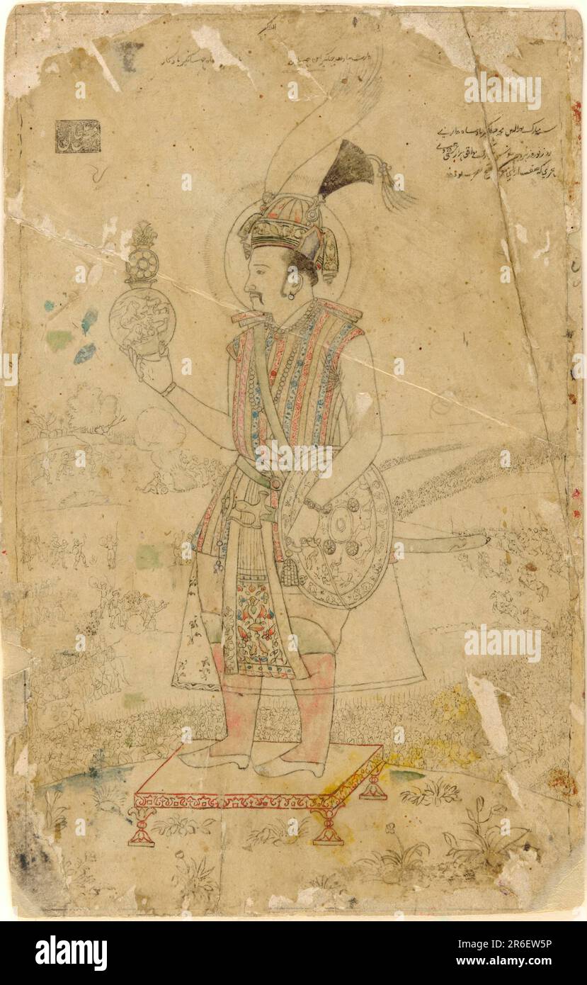 Emperor Jahangir holding an orb. Date: early 18th century. Origin: India. Period: Mughal dynasty. Tracing and color on paper. Museum: Freer Gallery of Art and Arthur M. Sackler Gallery. Stock Photo