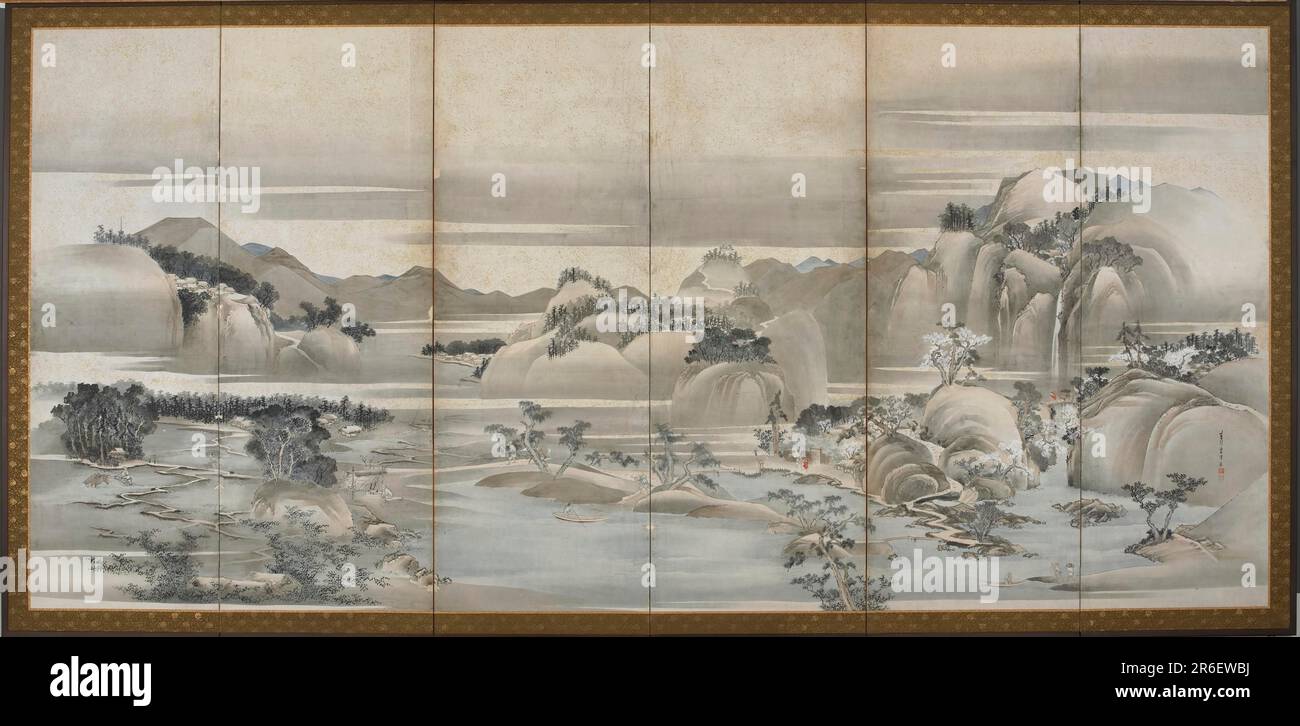 Landscapes of the Four Seasons: Spring and Summer. Date: late 18th-early 19th century. Origin: Japan. Period: Edo period. Color, ink, and gold on paper. Museum: Freer Gallery of Art and Arthur M. Sackler Gallery. Stock Photo