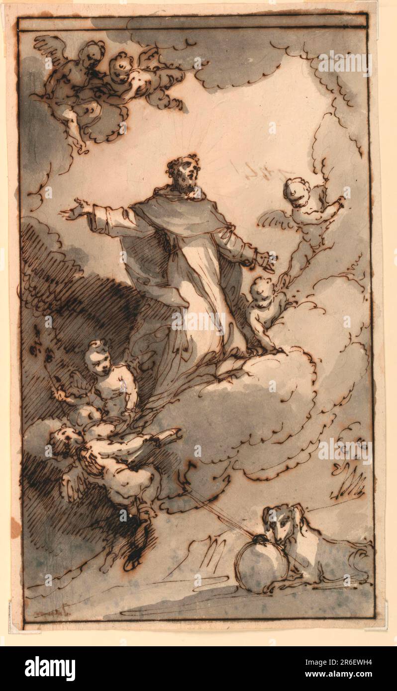 The saint kneels upon clouds surrounded by three pairs of angels. The lowest ones carry a lily and a book, respectively. A dog holding a lighted torch and a globe crouches below. Framing lines' the top one is drawn twice. Date: ca. 1800. Black chalk, pen and ink, brush and gray watercolor on paper. Museum: Cooper Hewitt, Smithsonian Design Museum. Stock Photo