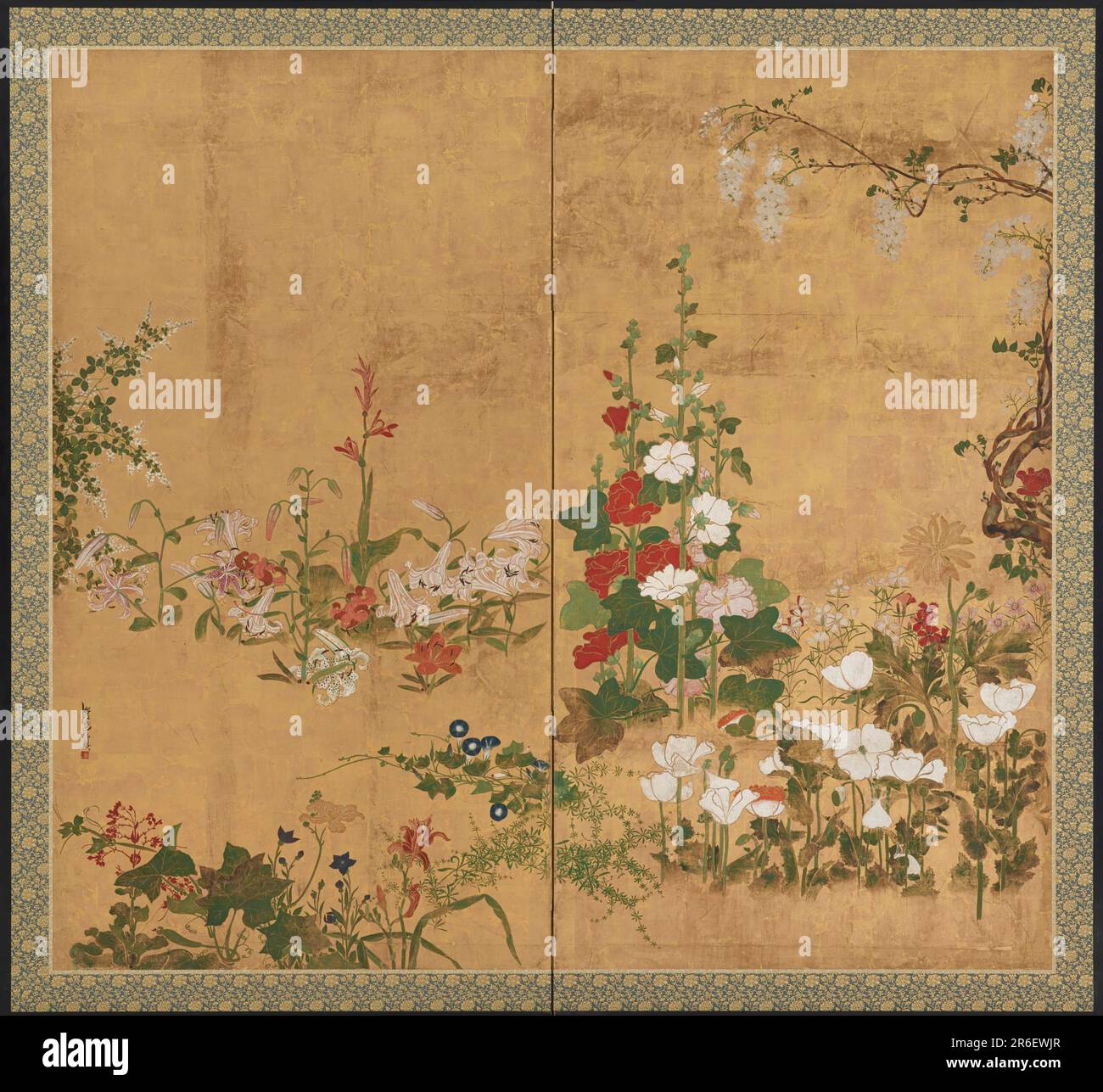 Flowers. Date: 18th century. Origin: Japan. Period: Edo period. Color and gold on paper. Museum: Freer Gallery of Art and Arthur M. Sackler Gallery. Stock Photo