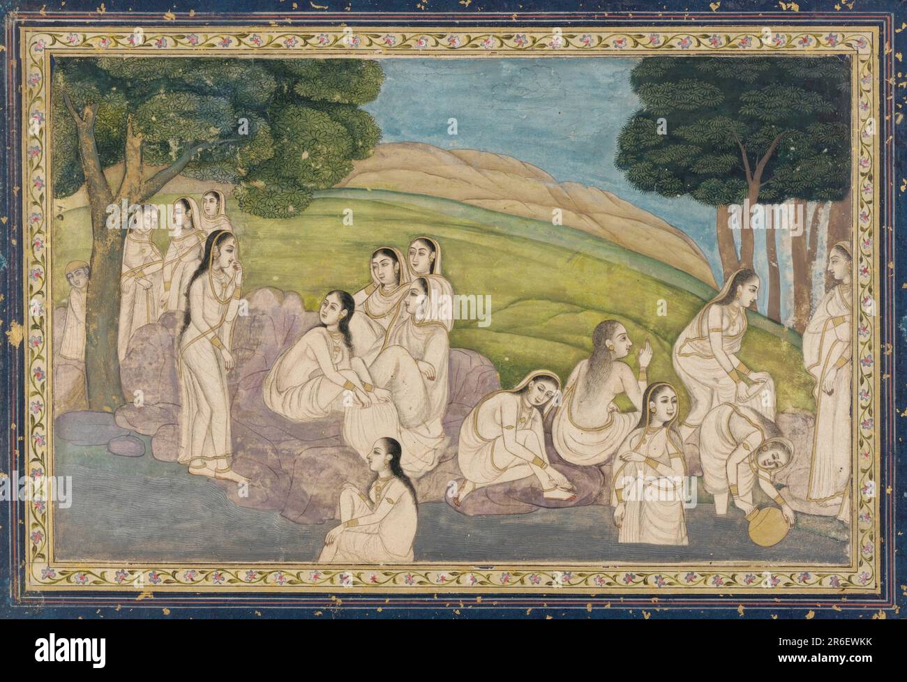 A group of women, bathing. Date: 18th century. Origin: India. Period: Mughal dynasty. Color and gold on paper. Museum: Freer Gallery of Art and Arthur M. Sackler Gallery. Stock Photo