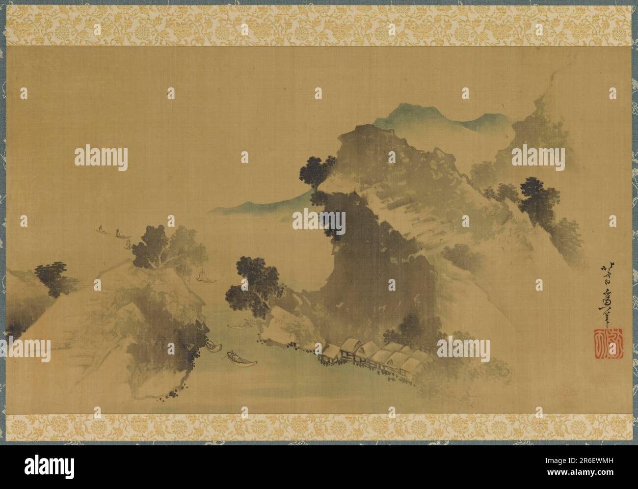 Landscape: mountains, stream and boats. Origin: Japan. Period: Edo period. Date: 1760-1849. Ink and tint on silk panel. Museum: Freer Gallery of Art and Arthur M. Sackler Gallery. Stock Photo