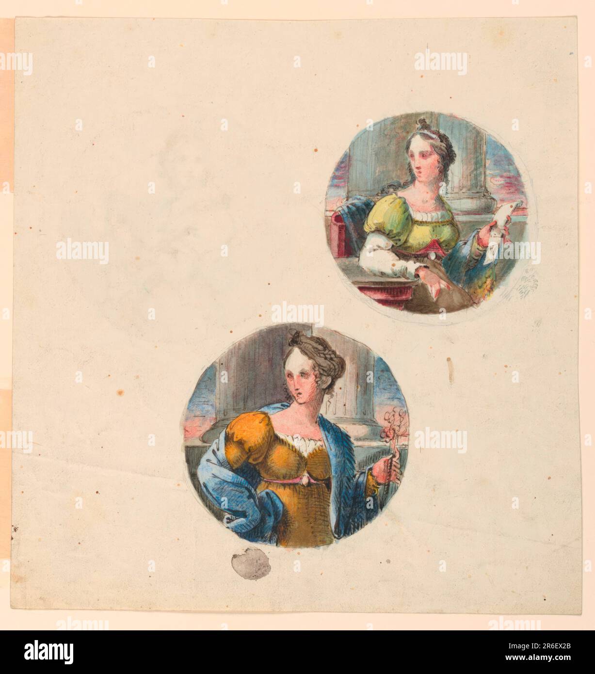 A: Upper row. At left: Sitting in a side chair, a young woman raises with her right hand a medallion, supported by a ribbon, her head seen in profile. At right: half-figure of a standing young woman, raising her shawl with her left hand. She stands toward the right, her head is seen frontally. Center beloe: half-figure of a young woman, standing in front of two broken columns, seen frontally, her head turned toward right. Framing line. B: Reverse, at right: three-quarter figure of a young woman, sitting at a table upon which her right arm leans, raising her left hand in which she carries a let Stock Photo
