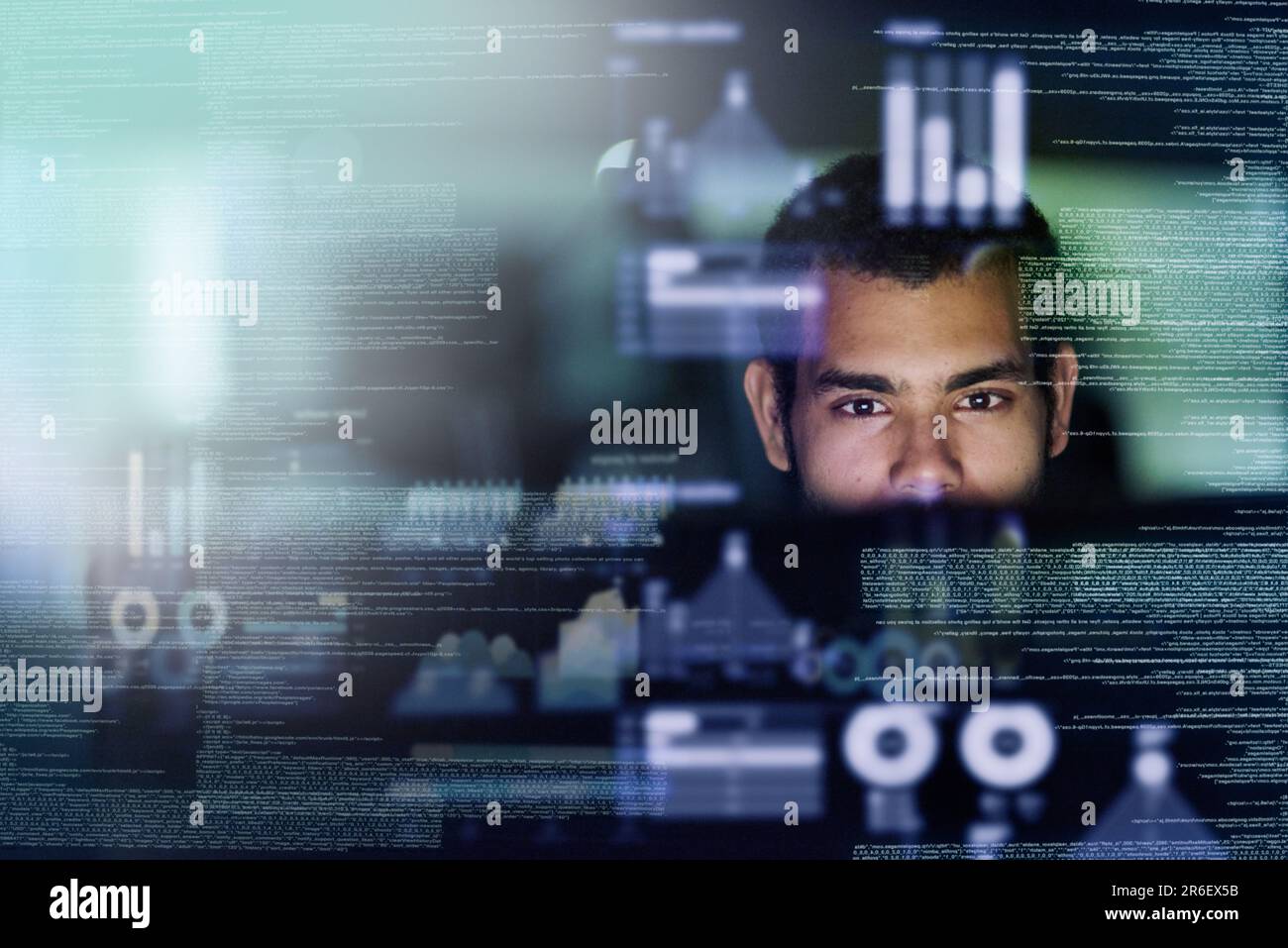 Focus, man and programmer with hologram, code and futuristic with cyber ...