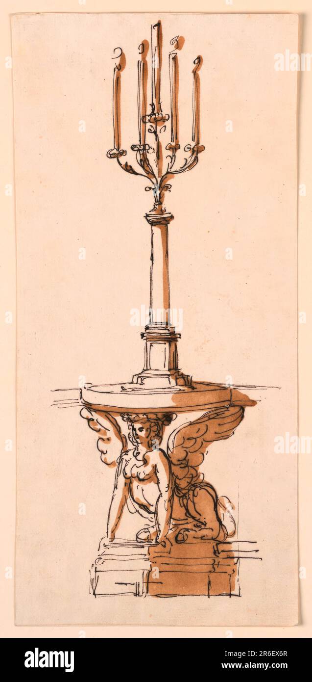A sitting sphynx supports with head and wings the top which is semi-circular. Below is a high base in the height of the lower frame of the dado of the room. The candlestick is a monumental column with, on top, one straight central and four curved branchs with candles. The four lower ones are burning. Pen and brown ink, brush and brown wash on off-white laid paper, lined. Date: 1787-1793. Museum: Cooper Hewitt, Smithsonian Design Museum. Stock Photo