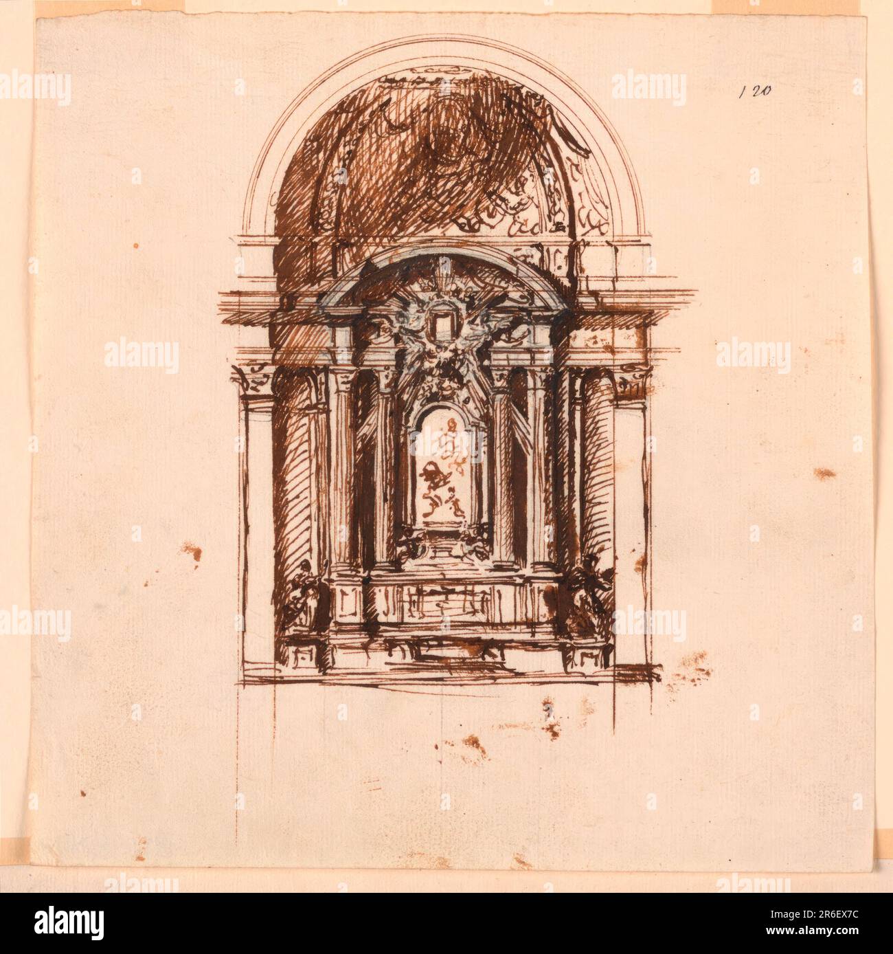 The entablature of the altar is in the same height than that of the chapel; part of the supports being the same for either. A frame of a reversed image is supported by angels before the entablature under the circular pediment. Statues of female figures stand laterally beside the mensa. Date: 1775-1800. Pen and brown ink, brush and brown wash, graphite on off-white laid paper. Museum: Cooper Hewitt, Smithsonian Design Museum. Stock Photo