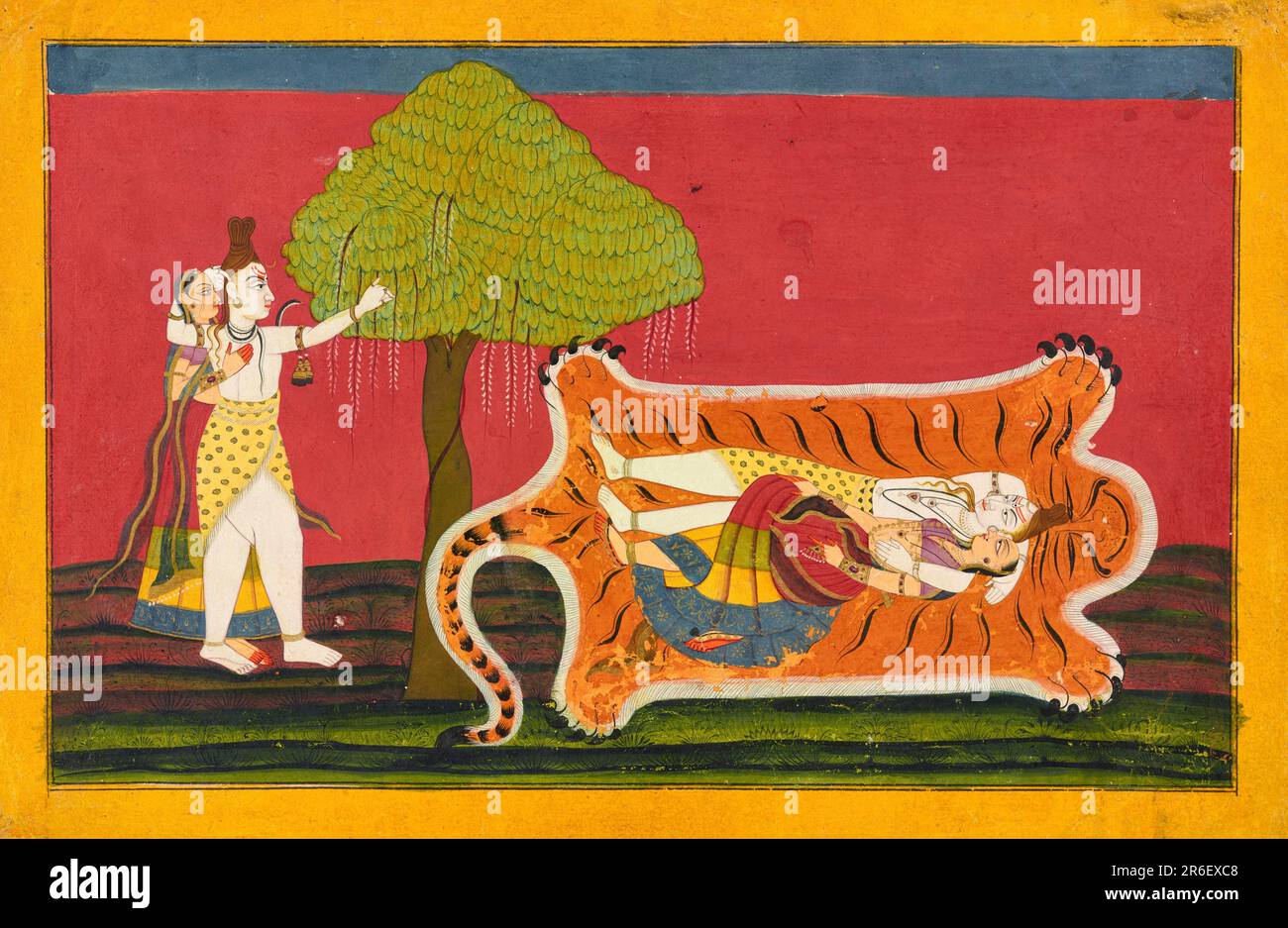 Close to the image are two thin black lines framing the image. Against a red background, on the left, Shiva walks with Parvati past a large tree. On the right, the couple lie down on a tiger skin. Yellow border. Opaque watercolor and gold on paper. Origin: Nurpur, Himachal Pradesh state, India. Date: ca. 1710 - ca. 1715. Museum: Freer Gallery of Art and Arthur M. Sackler Gallery. Stock Photo