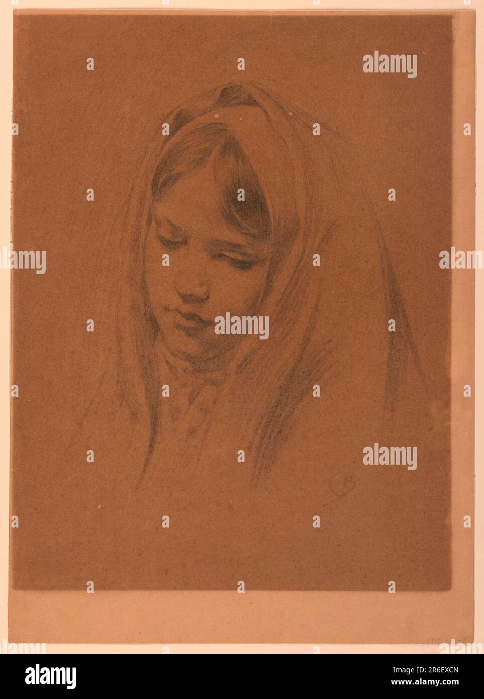 Head of a girl, tilted slightly toward the right, looking down. Hair parted in the middle. Head covered with veil, one end of which is brought around the neck. Date: ca. 1900. Graphite on brown paper. Museum: Cooper Hewitt, Smithsonian Design Museum. Stock Photo