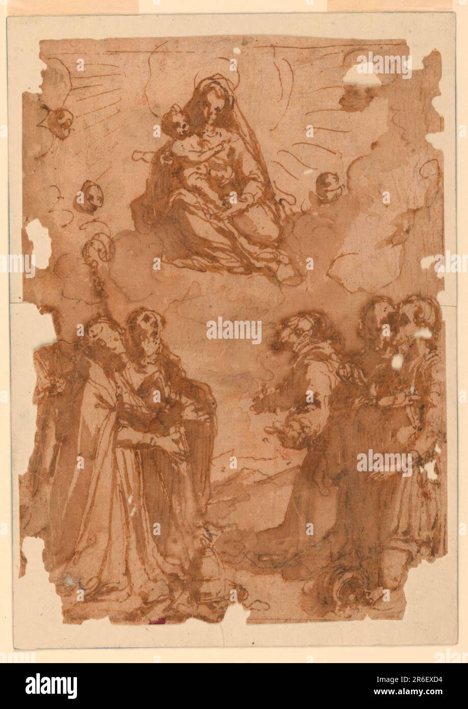 The Virgin is seated upon clouds having the Christ child in her lap. Some cherubim are beside her. On the earth are two groups of three worshippers each. The left one includes a holy pope, the right on Saint Francis. A man in cuirass, at right, and a woman, at left, represent, probably, the donors. Black chalk, pen and ink, brush and bistre wash on paper. Date: 1530-1560. Museum: Cooper Hewitt, Smithsonian Design Museum. Stock Photo