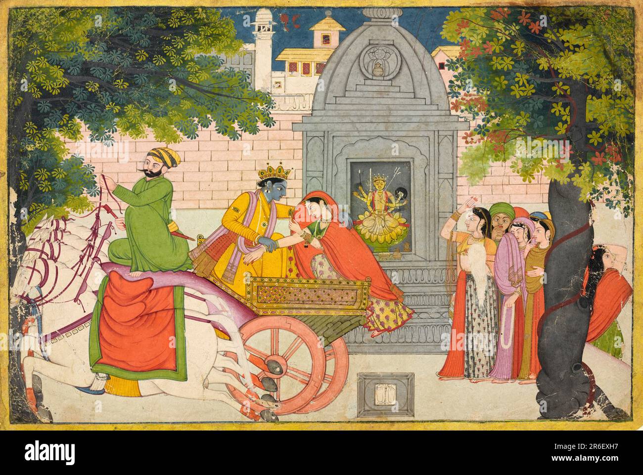 Rukmini elopes with Krishna, folio from a Bhagavata Purana. Date: ca. 1780. Opaque watercolor and gold on paper. Origin: Garhwal, Uttarakhand state, India. Museum: Freer Gallery of Art and Arthur M. Sackler Gallery. Stock Photo