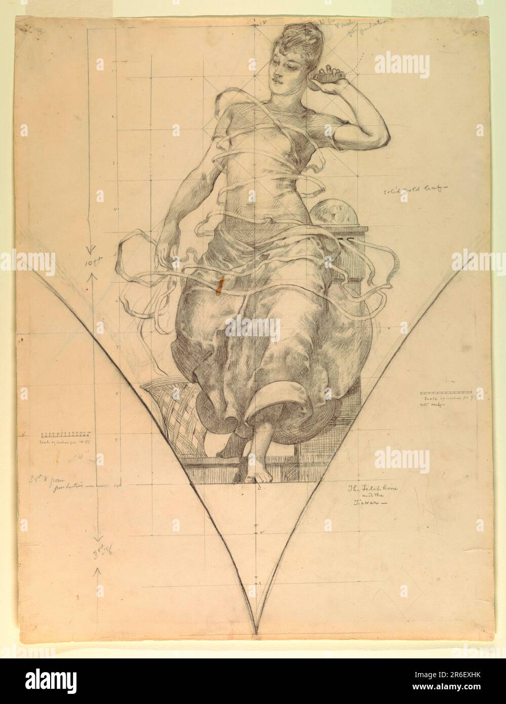 Outline of a pendentive with draped female figure. The figure's left arm is raised, holding a telephone receiver to her ear. In the background, a ticker, from which come two strands of tape wrap around the figure and end in the basket to the left. The composition is scaled and marked for transfering the image. Squared for enlargement. Date: 1892. Black chalk, graphite on off-white laid paper. Museum: Cooper Hewitt, Smithsonian Design Museum. Stock Photo