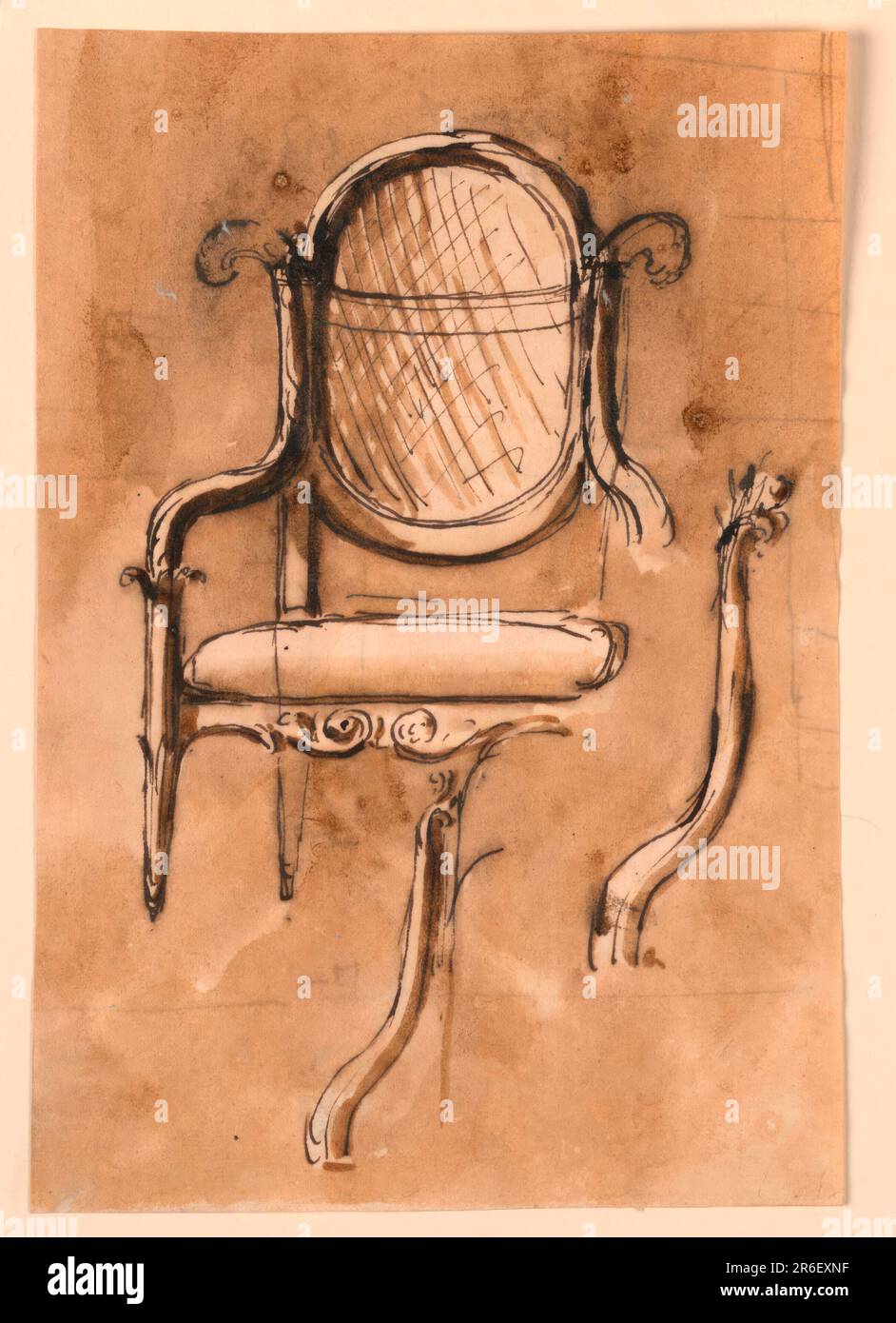 Above is the chair, seen from the front, the legs and the fore part of the arm being omitted, at right. The seat is upholstered. The back is high oval with straw plaiting supported by the upper part of the back legs. The arms begin above, at the back, and end in the upper part of the front legs which have the shape of two calices, one in the other. Below and at right are two sketches for the curved arms. On the reverse is part of the architectural plan with the letters 'C', 'f, and the caption, written by the artist: 'Loggia e sotto / stalla'. Usual background. Pen and brown ink, brush and bro Stock Photo