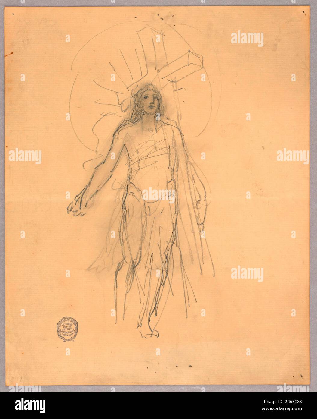 Figure standing center, facing slightly to the right, gaze directed upwards. His left arm is around a cross. Date: ca. 1895. Graphite on laid paper. Museum: Cooper Hewitt, Smithsonian Design Museum. Stock Photo