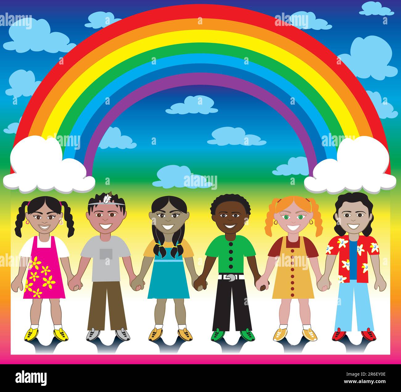 Vector Illustration of 6 happy kids under a rainbow with a colorful ...