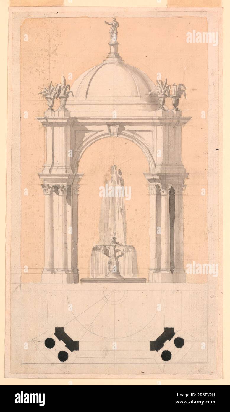 The elevation is on top. The fountain has two basins; the upper one is supported by a short column. The pavilion consists of four arches with four obliquely disposed groups of supports, pairs of columns standing in front of walls. Above is a dome. Date: 1785-90. Brush and brown, gray, and black wash, graphite on white laid paper, laid down. Museum: Cooper Hewitt, Smithsonian Design Museum. Stock Photo