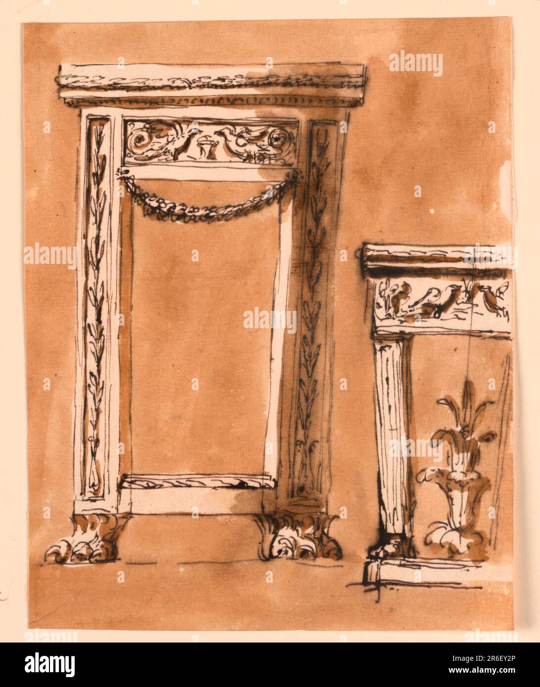 At left: like -2058, with slight variations of the decoration. At right: a left side. Supported by a pillar with a lion's foot upon a base. The front of the frame and the top are an entablature, with the same bird motif in the frieze. From the center of the base rises an acanthus plant. Usual background. Date: ca. 1795. Pen and brown ink, brush and brown wash on off-white laid paper. Museum: Cooper Hewitt, Smithsonian Design Museum. Stock Photo