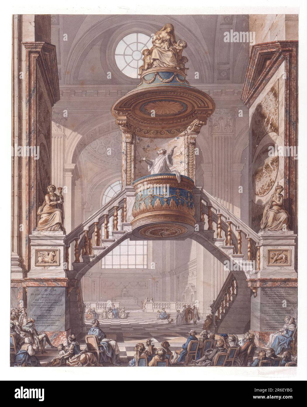 A marble pulpit dramatically suspended between two flights of stairs, designed by de Waily, forms a bridge-like structure across the nave of the Church of Saint Sulpice. A priest, with upraised arms, preaches to the congregation seated in the foreground. A sculpture of Charity adorns the top of the pulpit. A sculpture of Faith (holding a chalice) adorns the left landing; the pedestal shows a bas-relief of the symbol of St. Luke (ox). On the right landing, a sculpture of Hope (holding an anchor) rests on a pedestal decorated with a bas relief of St. Mark's symbol (the lion). Pen and black ink, Stock Photo