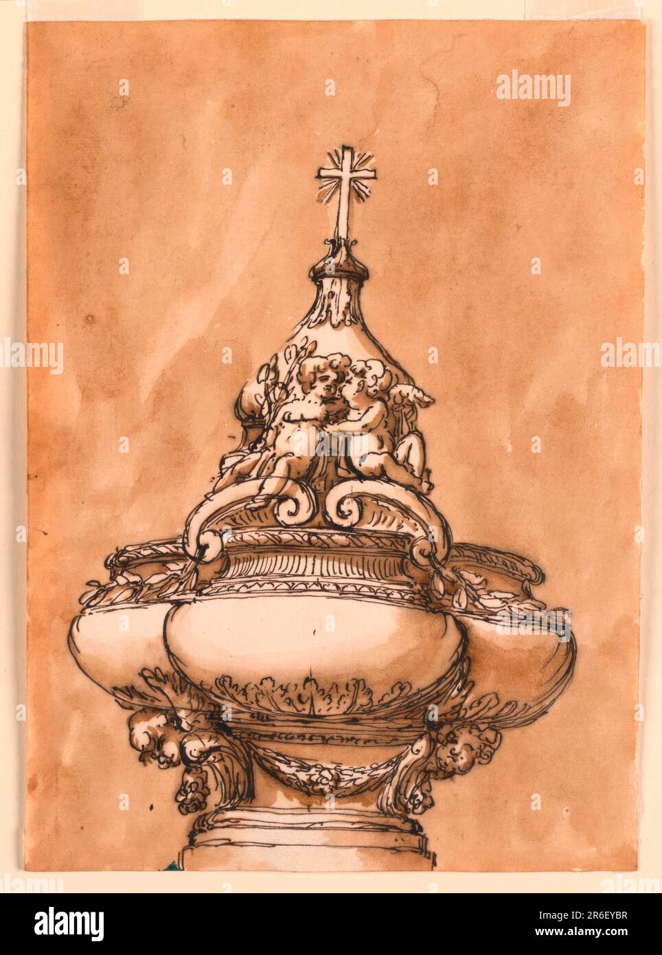 The plan of the bowl resembles a quatrefoil. Below is a round base and a short shaft, with a festoon supported by two cherubim. The lid has, below, moldings and two pediment volutes at the front upon which two angels sit embracing each other, the left one holding in his right hand flower stems. In the center is an onion-shaped cupola with a cross on top. Usual background. Date: ca. 1775. Pen and brown ink, brush and brown wash on lined off-white laid paper. Museum: Cooper Hewitt, Smithsonian Design Museum. Stock Photo