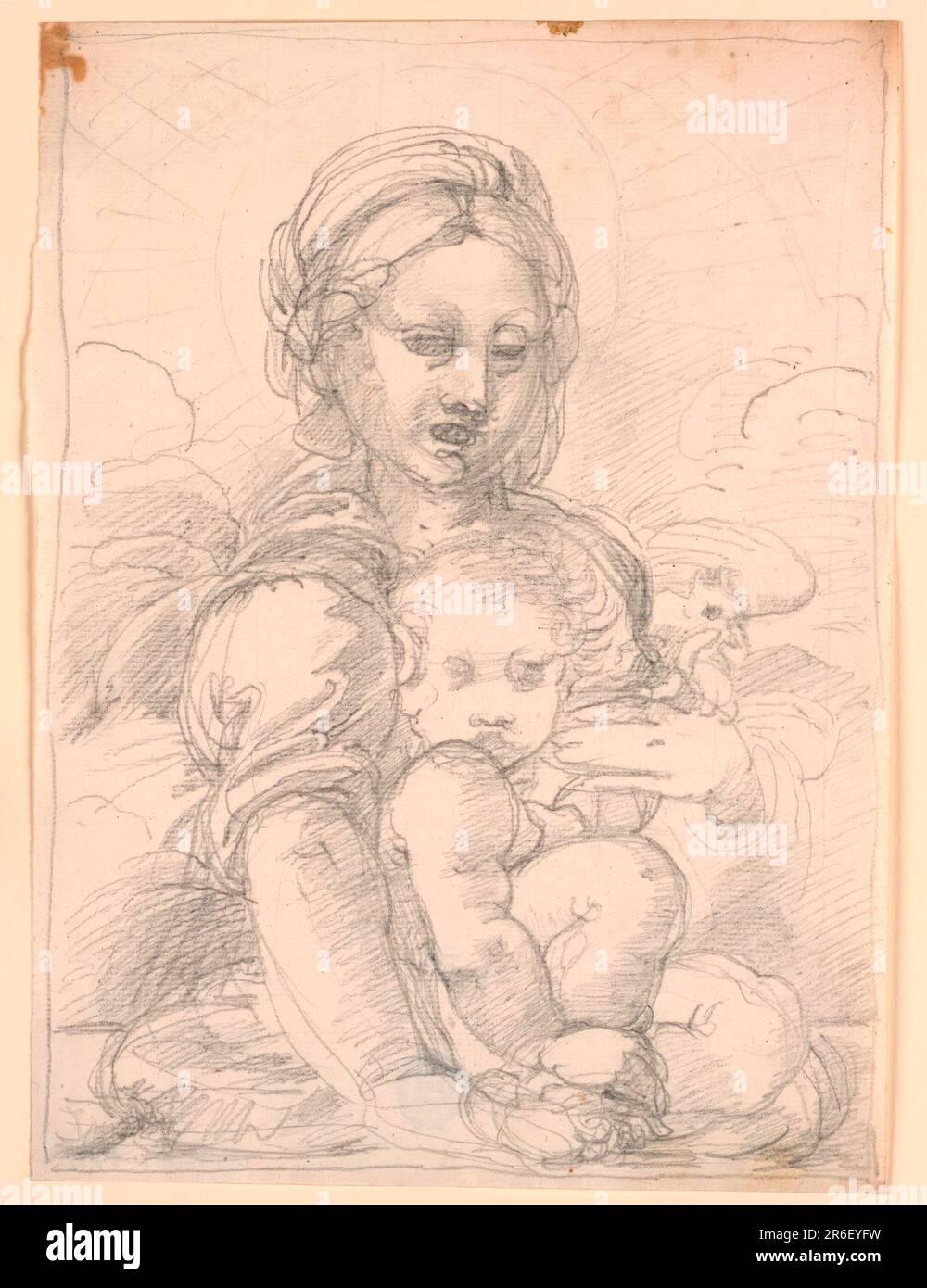 The Child sits upon a cushion, lifting his right left and holding his right ankle with his right hand. The right shoulder covers part of the chin. Mary, standing behind him, holding his left arm with her left hand. A bird in his left hand. Part of the sky visible, clouds, the sun. Framing line. Graphite on paper. Date: 1820-1850. Museum: Cooper Hewitt, Smithsonian Design Museum. Stock Photo