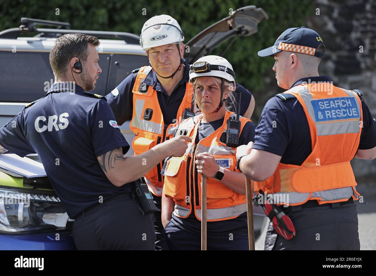 Search and Rescue teams at Braidwater Retail Park in Ballymena as the search has resumed in Co