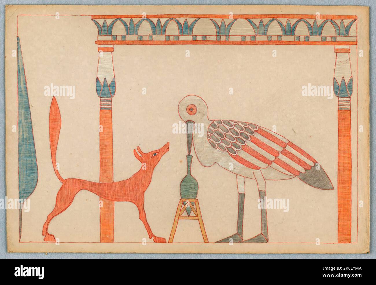 Stork facing left in profile, its beak in a vase, center. Fox at left, in right profile. Two columns in Egyptian style. Date: ca. 1916. Pen and red ink, crayon on white board. Museum: Cooper Hewitt, Smithsonian Design Museum. Stock Photo