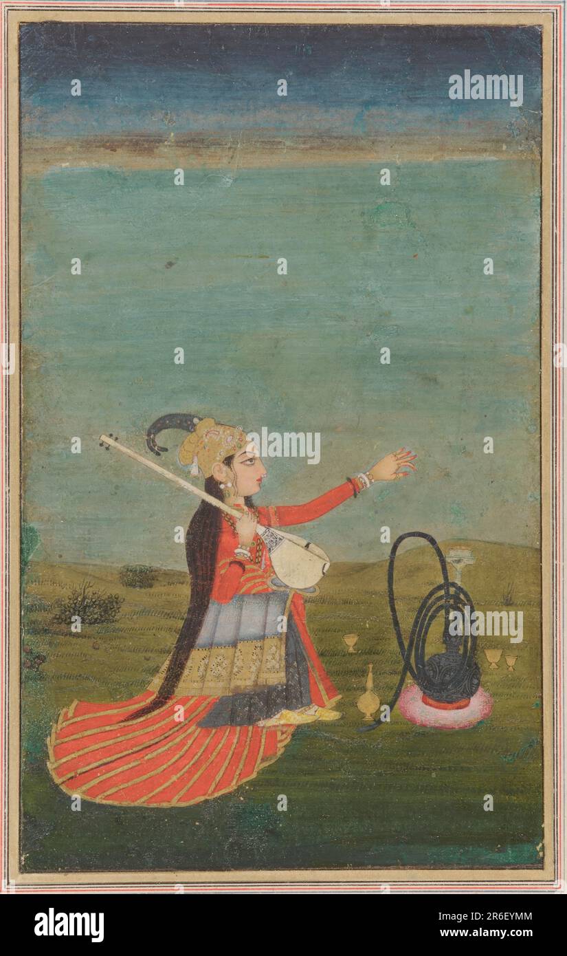 Female performer with tanpura. Date: 18th century. Origin: India. Period: Mughal dynasty. Color and gold on paper. Museum: Freer Gallery of Art and Arthur M. Sackler Gallery. Stock Photo