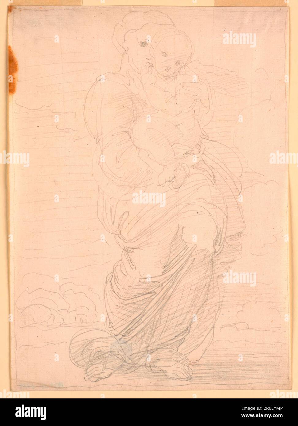 The Virgin walks through the country, supporting the Child. Framing line. Date: 1820-1850. Graphite, impressed lines on paper. Museum: Cooper Hewitt, Smithsonian Design Museum. Stock Photo